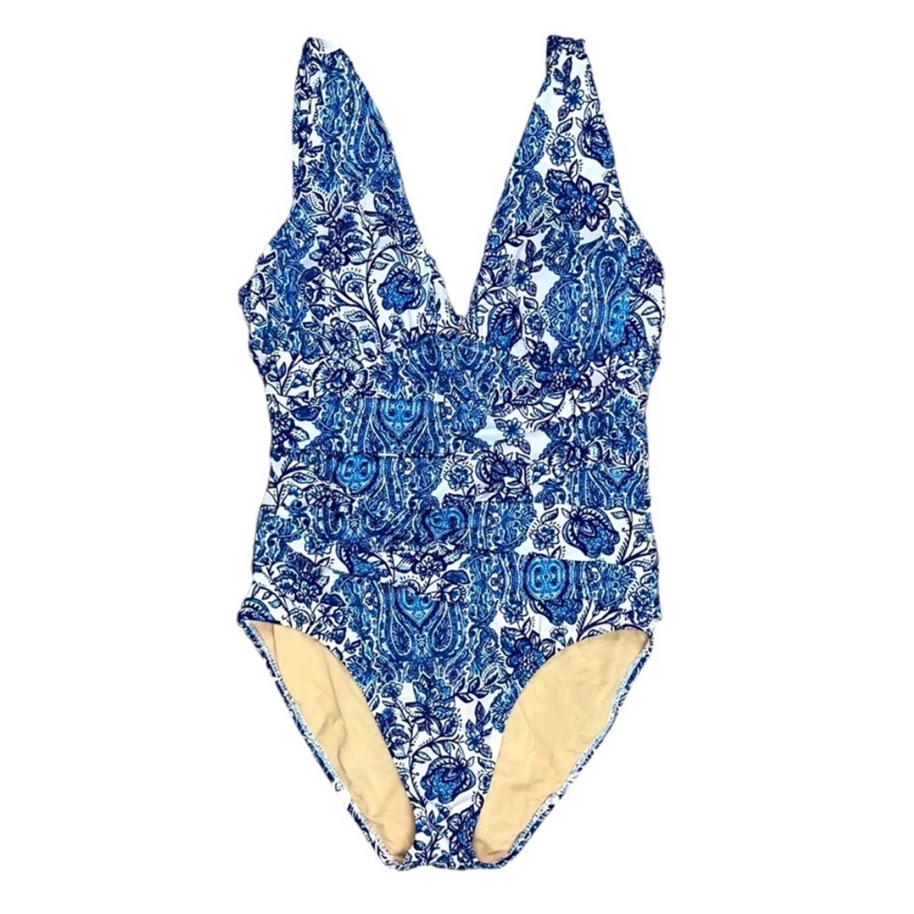 Garnet Hill Floral Blue and Cream One Piece Swimsuit